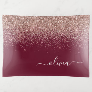 Burgundy Rose Gold Blush Pink Glitter Monogram Trinket Tray