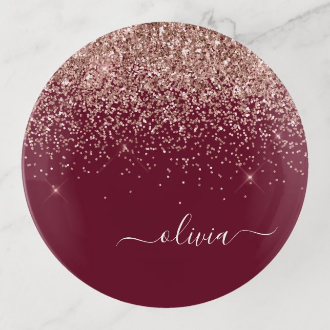 Burgundy Rose Gold Blush Pink Glitter Monogram Trinket Tray (Front)
