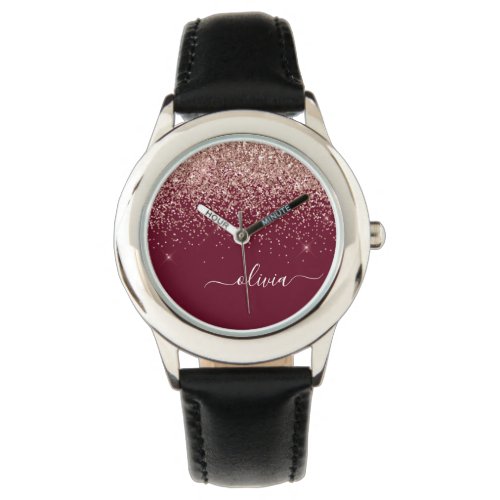 Burgundy Rose Gold Blush Pink Glitter Monogram Watch