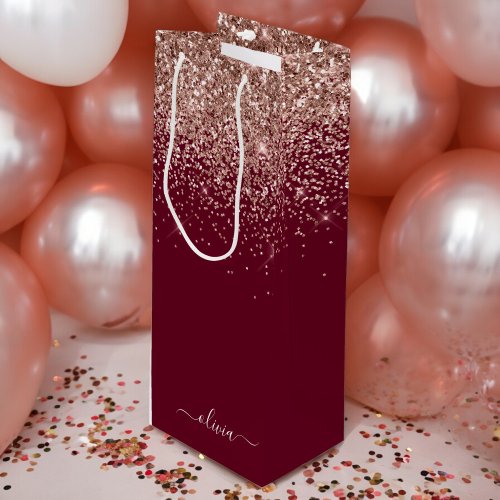 Burgundy Rose Gold Blush Pink Glitter Monogram Wine Gift Bag