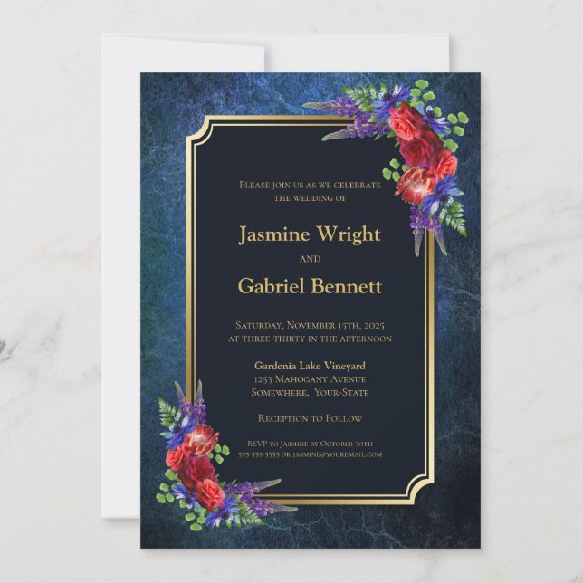 Burgundy Rose Gold Border Navy Blue Wedding Invitation (Front)
