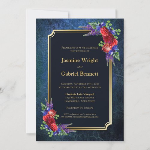 Burgundy Rose Gold Border Navy Blue Wedding Invitation