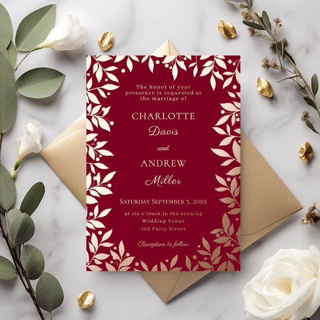 Burgundy rose gold botanical leaves luxury wedding foil invitation (Creator Uploaded)