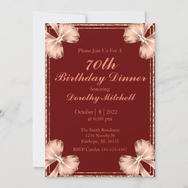 Burgundy Rose Gold Bow 70th Birthday Invitation (Front)