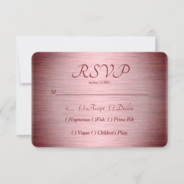 Burgundy Rose Gold Brushed Metal RSVP Card (Front)