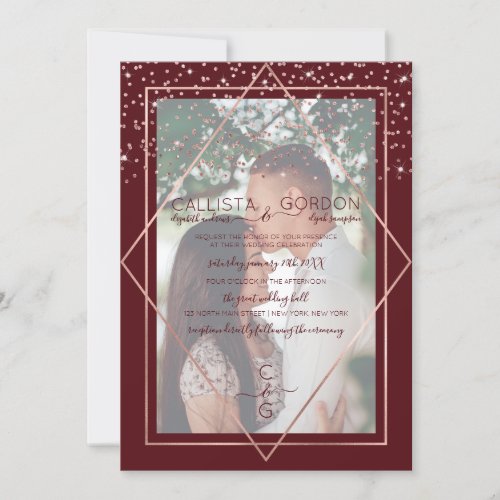 Burgundy Rose Gold Confetti Border Photo Wedding Invitation