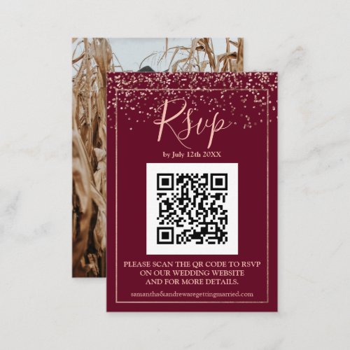 Burgundy Rose gold confetti QR code rsvp Enclosure Card