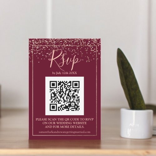 Burgundy Rose gold confetti QR code rsvp Enclosure Card