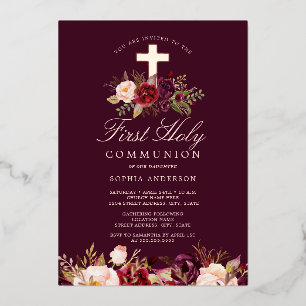Burgundy Rose Gold Cross Girls First Communion Foil Invitation