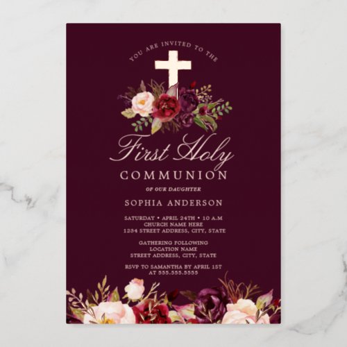 Burgundy Rose Gold Cross Girls First Communion  Foil Invitation