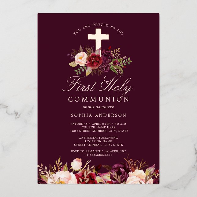Burgundy Rose Gold Cross Girls First Communion  Foil Invitation (Front)