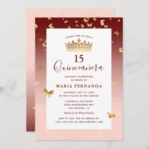 Burgundy Rose Gold Crown Elegant Quinceanera Invitation