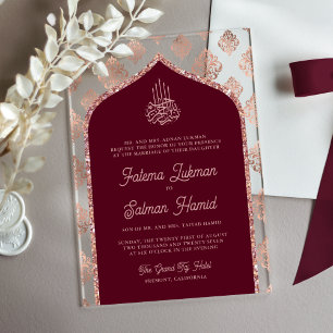 Burgundy Rose Gold Damask Arch Muslim Wedding Acrylic Invitations