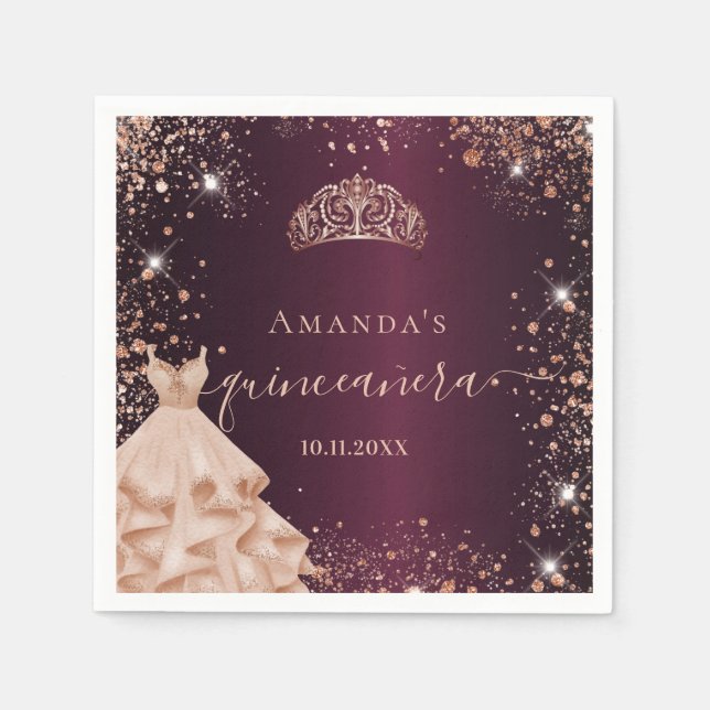 Burgundy rose gold dress name Quinceanera Napkins (Front)