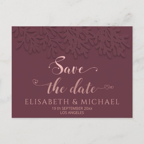 Burgundy Rose gold embossed botanical calligraphy Announcement Postcard