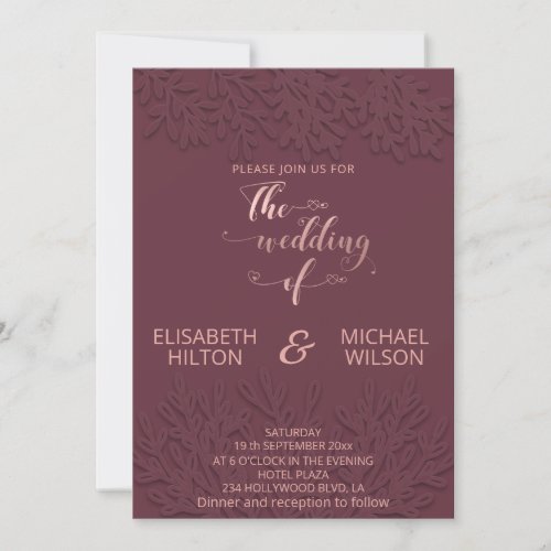 Burgundy Rose gold embossed botanical calligraphy Invitation