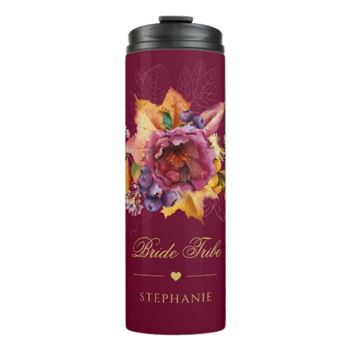 Burgundy Rose Gold Fall Bouquet Floral Bridesmaid Thermal Tumbler
