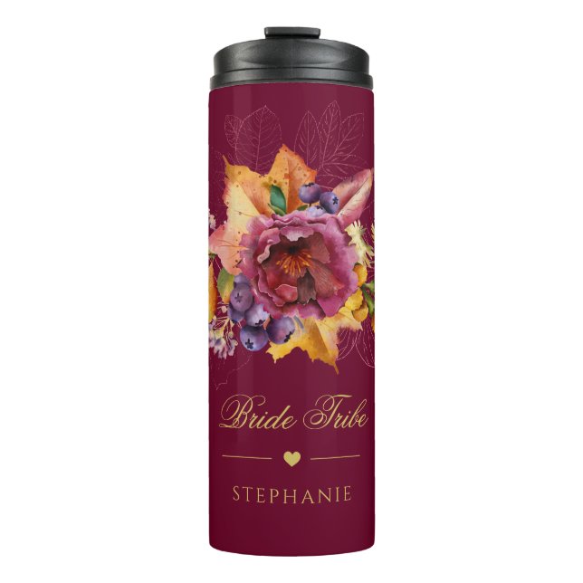 Burgundy Rose Gold Fall Bouquet Floral Bridesmaid Thermal Tumbler (Front)