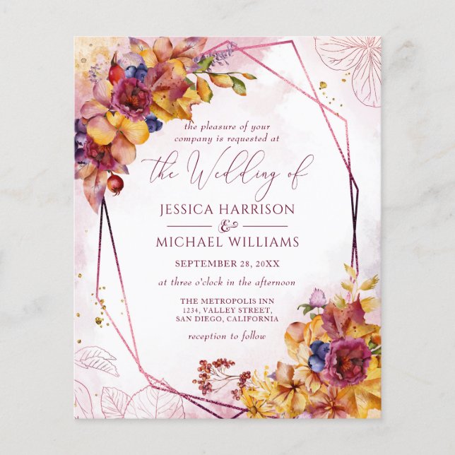 Burgundy Rose Gold Fall Wedding Invitation Flyer (Front)