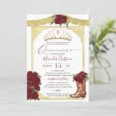 Burgundy Rose Gold Floral Boot Charro Quinceanera Invitation (Standing Front)