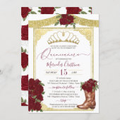 Burgundy Rose Gold Floral Boot Charro Quinceanera Invitation (Front/Back)