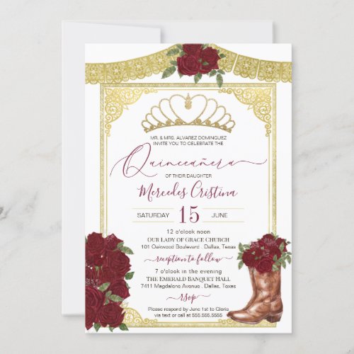 Burgundy Rose Gold Floral Boot Charro Quinceanera Invitation