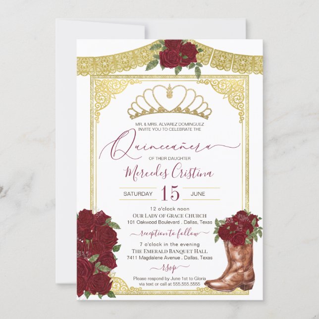 Burgundy Rose Gold Floral Boot Charro Quinceanera Invitation (Front)