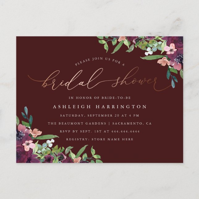Burgundy & Rose Gold Floral Bridal Shower Invitation Postcard (Front)