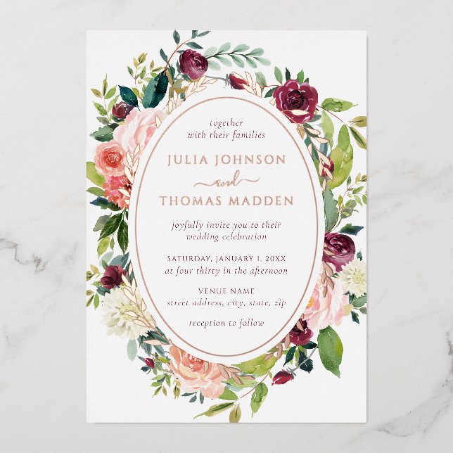 Burgundy Rose Gold Floral Foliage Wedding Foil Invitation (Front)