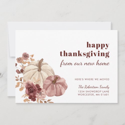 Burgundy Rose Gold Floral Pumpkins Holiday Moving Announcement