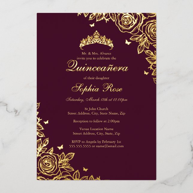 Burgundy Rose Gold Floral Quinceanera Birthday  Foil Invitation (Front)