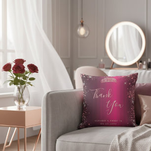 Burgundy Rose Gold Floral Sweet 16 Thank You Throw Pillow