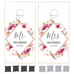 Burgundy & Rose Gold Floral Wedding Mr. & Mrs. Cornhole Set