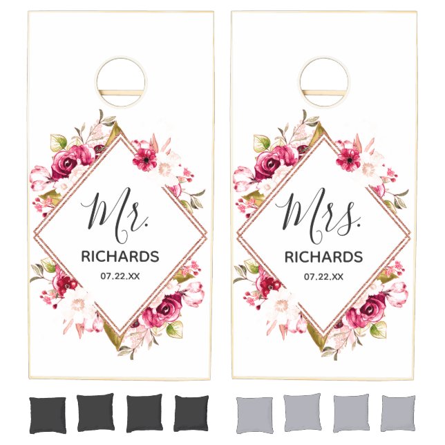 Burgundy & Rose Gold Floral Wedding Mr. & Mrs. Cornhole Set (Set)