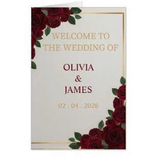 Burgundy Rose & Gold Floral Wedding Welcome Sign Card