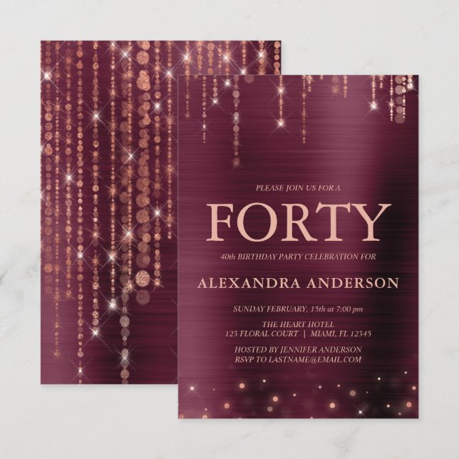 Burgundy Rose Gold Forty 40th Birthday Party Invitation (Front/Back)