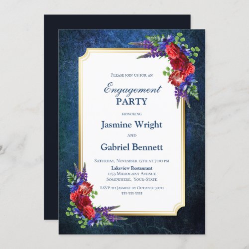 Burgundy Rose Gold Frame Blue Engagement Party Invitation