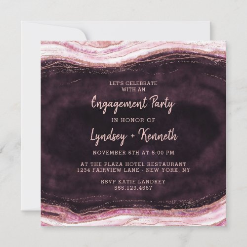 Burgundy  Rose Gold Geode Agate Engagement Party Invitation