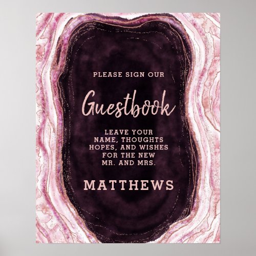 Burgundy  Rose Gold Geode Agate Guestbook Sign