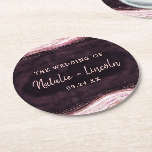 Burgundy  Rose Gold Geode Agate Marble Monogram Round Paper Coaster