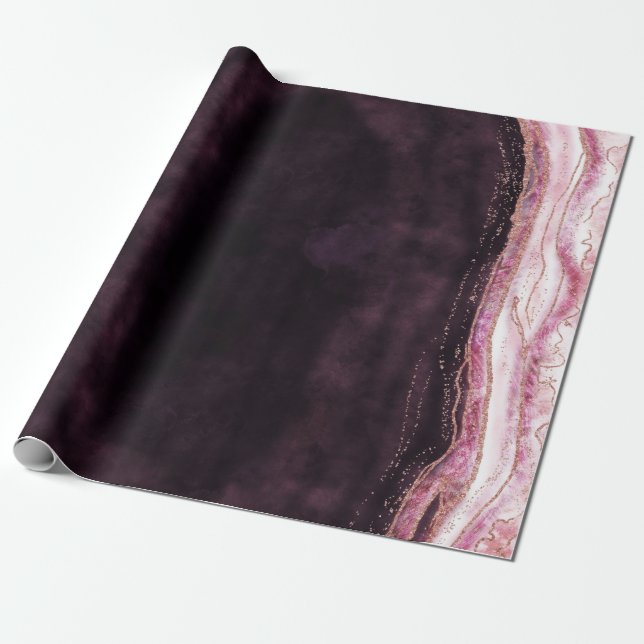 Burgundy & Rose Gold Geode Agate Marble Wedding Wrapping Paper (Unrolled)