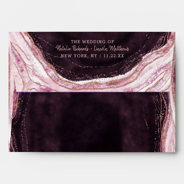 Burgundy & Rose Gold Geode Agate Monogram Wedding Envelope (Back (Top Flap))