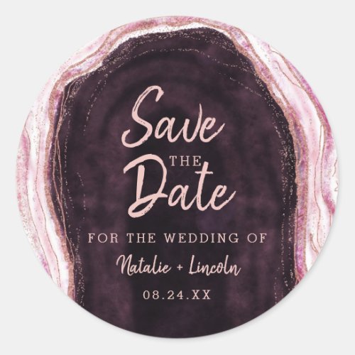 Burgundy  Rose Gold Geode Agate Save the Date Classic Round Sticker