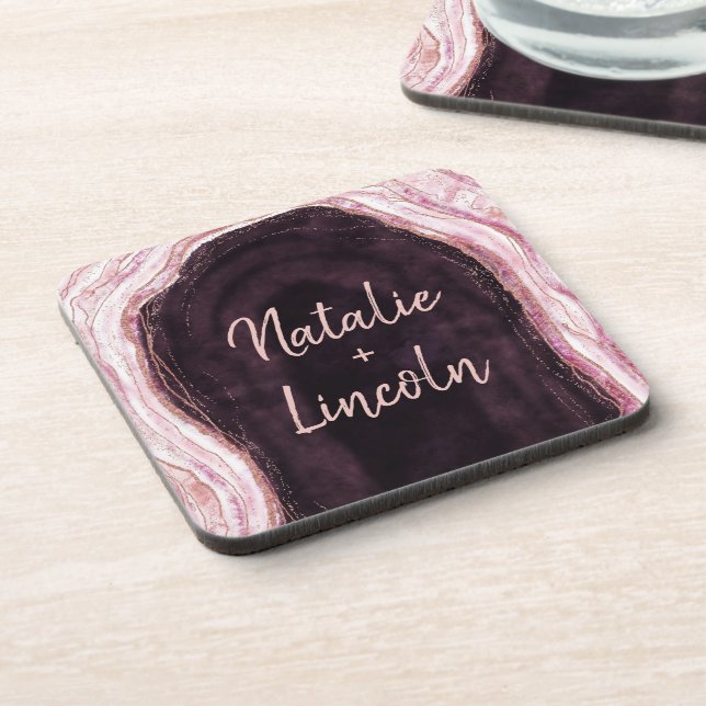 Burgundy & Rose Gold Geode Agate Wedding Monogram Beverage Coaster (Left Side)