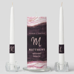 Burgundy & Rose Gold Geode Agate Wedding Monogram Unity Candle Set