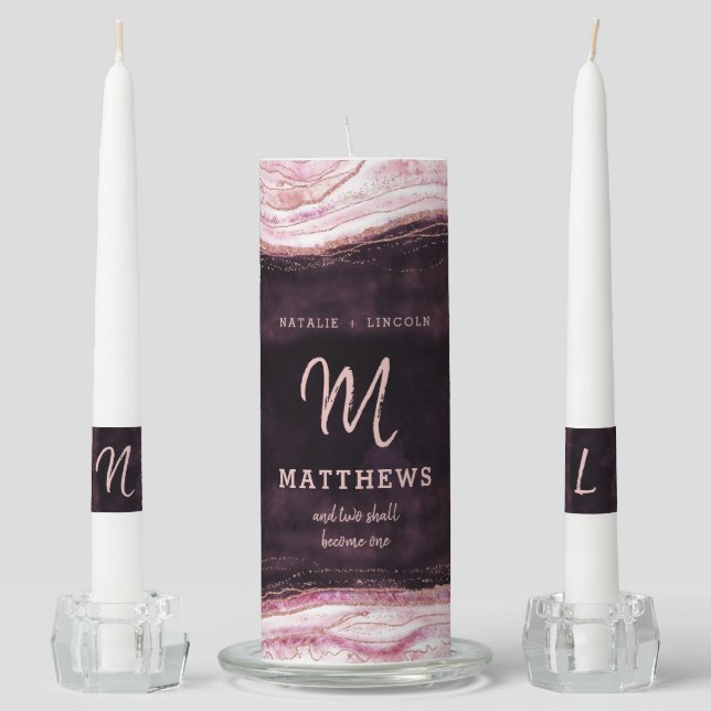 Burgundy & Rose Gold Geode Agate Wedding Monogram Unity Candle Set (Front)