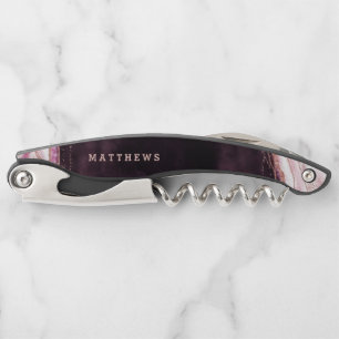Burgundy & Rose Gold Geode Agate Wedding Monogram Waiter's Corkscrew