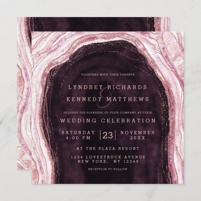 Burgundy & Rose Gold Geode Agate Wedding Square Invitation (Front/Back)