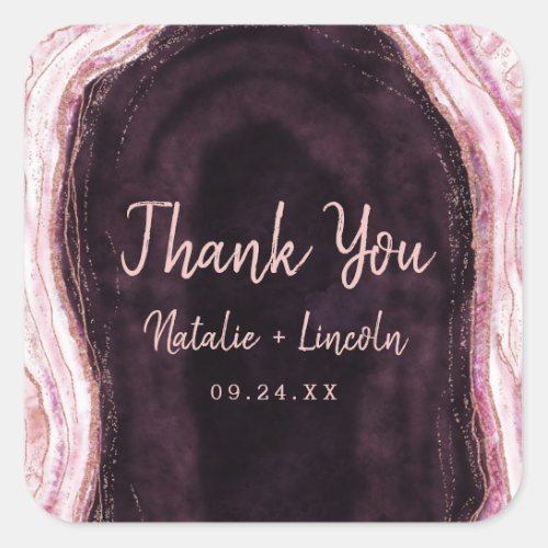Burgundy  Rose Gold Geode Agate Wedding Thank You Square Sticker