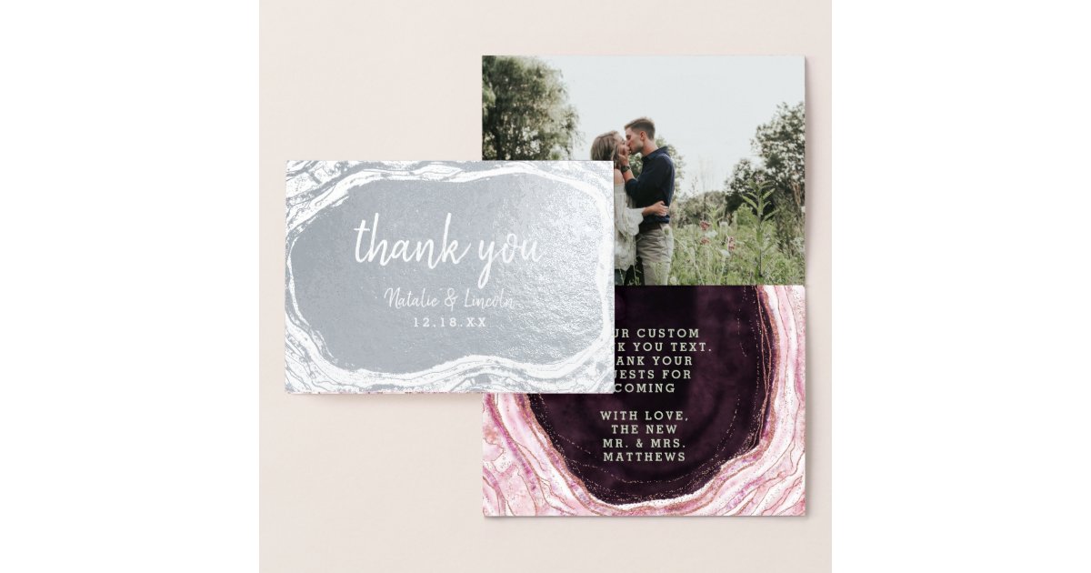 Burgundy & Rose Gold Geode Thank You Wedding Photo Foil Card | Zazzle